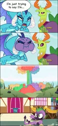 Size: 604x1315 | Tagged: antlers, changedling, changeling, comic, derpibooru import, dragon, dragoness, edit, edited screencap, explosion, female, fools in april, horns, king thorax, lesson zero, ponyville, princess ember, rainbow nuke, safe, screencap, screencap comic, spike, spongebob squarepants, squidward tentacles, straining, thorax, town hall, town square, triple threat