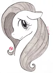 Size: 582x800 | Tagged: safe, artist:ryuredwings, derpibooru import, fluttershy, pony, bust, female, floppy ears, inktober, inktober 2018, looking at you, looking sideways, mare, portrait, profile, simple background, smiling, solo, traditional art, white background