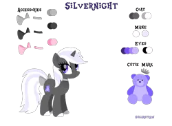 Size: 3000x2200 | Tagged: safe, artist:sugarstraw, derpibooru import, oc, oc:silvernight, unofficial characters only, pony, unicorn, bow, choker, crown, cutie mark, female, hooves, horn, jewelry, lineless, looking back, mare, purple eyes, reference sheet, regalia, simple background, solo, tail bow, teddy bear, text, transparent background