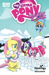 Size: 659x1000 | Tagged: safe, artist:amy mebberson, derpibooru import, idw, official, angel bunny, derpy hooves, fluttershy, pinkie pie, rainbow dash, rarity, pegasus, pony, comic, cover, female, food, hastings, mare, muffin, official comic, snow, snow bunnies, that pony sure does love muffins