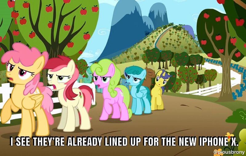 Size: 1200x763 | Tagged: safe, derpibooru import, edit, edited screencap, editor:piousbrony, screencap, comet tail, daisy, dizzy twister, flower wishes, orange swirl, roseluck, spring melody, sprinkle medley, the super speedy cider squeezy 6000, apple, apple tree, fence, iphone x, sweet apple acres, tree