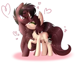 Size: 2795x2283 | Tagged: safe, artist:paperbunii, derpibooru import, oc, oc:cinnamon fawn, oc:sovereign ashes, unofficial characters only, pegasus, pony, unicorn, black hair, blushing, brown eyes, brown hair, butt fluff, chest fluff, colored eyelashes, couple, eyes closed, eyes half closed, fanart, female, freckles, glasses, happy, heart, licking, male, mare, nuzzling, obtrusive watermark, simple background, smiling, spots, stallion, tongue out, transparent background, watermark