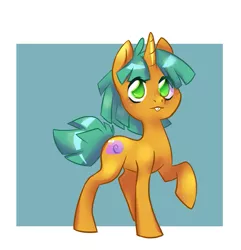 Size: 711x739 | Tagged: safe, artist:dinkelion, derpibooru import, snails, pony, unicorn, bucktooth, glitter shell, looking at you, raised hoof, simple background, solo