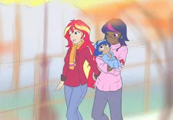 Size: 1215x841 | Tagged: safe, artist:jonfawkes, artist:little-tweenframes, derpibooru import, sci-twi, sunset shimmer, twilight sparkle, oc, oc:sparkling sapphire, ask human octavia, series:sciset diary, equestria girls, clothes, coat, crossover, female, human coloration, lesbian, magical lesbian spawn, offspring, parent:sci-twi, parent:sunset shimmer, parents:scitwishimmer, scitwishimmer, shipping, sunsetsparkle