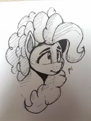 Size: 773x1030 | Tagged: safe, artist:post-it, derpibooru import, pinkie pie, earth pony, pony, bust, female, ink drawing, inktober, mare, monochrome, simple background, sketch, smiling, solo, traditional art, white background