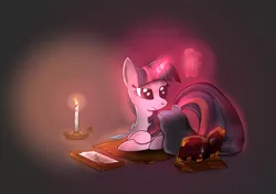 Size: 1024x722 | Tagged: safe, artist:swordflash4, derpibooru import, twilight sparkle, pony, blanket, book, candle, female, frown, glowing horn, gradient background, horn, lidded eyes, magic, mare, prone, reading, solo, telekinesis
