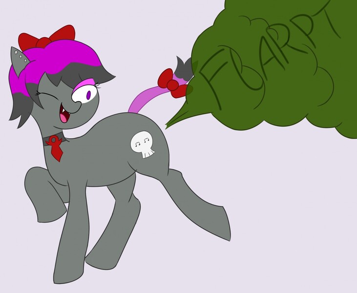 Size: 1280x1051 | Tagged: safe, artist:docmharti, derpibooru import, oc, oc:jubilee, unofficial characters only, earth pony, pony, vampire, ear piercing, fart, fart noise, one eye closed, onomatopoeia, piercing, solo, sound effects, wink