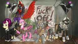 Size: 3840x2160 | Tagged: safe, artist:ravvij, derpibooru import, oc, oc:flash wound, oc:pink whiskey, oc:snaps shot, oc:speakeasy, oc:tierce noir, unofficial characters only, earth pony, gryphon, pegasus, pony, unicorn, fallout equestria, barrel, blood, clothes, commission, costume, crystal, cute, fallout, female, gun, magic, male, mane, mare, photo studio, photography studio, room, shadowbolts costume, sheet, spotlight, stain, stallion, studio, trash cannon, vulgar, weapon, wings