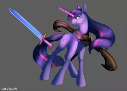 Size: 2000x1428 | Tagged: safe, artist:backlash91, derpibooru import, twilight sparkle, pony, unicorn, clothes, cutie mark, eye scar, female, glowing horn, horn, magic, mare, scar, scarf, signature, solo, sword, telekinesis, unicorn twilight, warrior twilight sparkle, weapon