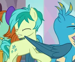 Size: 871x720 | Tagged: safe, derpibooru import, screencap, gallus, sandbar, earth pony, gryphon, pony, school daze, cropped, cutie mark, eyes closed, male, out of context, teenager, wings