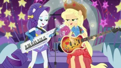 Size: 1920x1080 | Tagged: safe, derpibooru import, screencap, applejack, pinkie pie, rarity, equestria girls, equestria girls series, rollercoaster of friendship, clothes, cowboy hat, cute, dress, drums, eyeshadow, female, gloves, guitar, hat, keytar, lidded eyes, makeup, musical instrument, shipping fuel, stetson, super ponied up