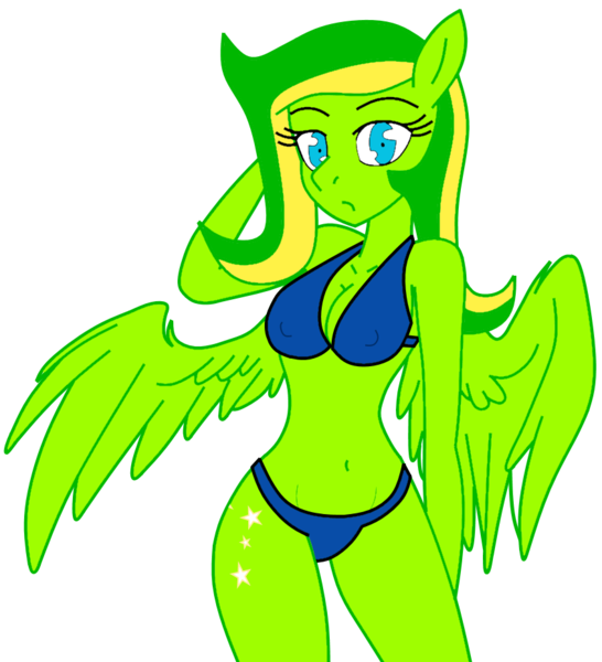 Size: 844x927 | Tagged: anthro, artist:didgereethebrony, bikini, bikini bottom, bikini top, blue eyes, clothes, cutie mark, derpibooru import, looking at you, oc, oc:boomerang beauty, safe, simple background, solo, swimsuit, transparent background, unofficial characters only, wings