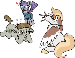 Size: 942x733 | Tagged: safe, artist:nootaz, derpibooru import, maud pie, mudbriar, oc, oc:wings, blushing, canon x oc, female, floppy ears, gay, gay in front of girls, heart, heartbreak, infidelity, lemme smash, male, mating dance, shocked, shocked expression, simple background, sticks, this will end in death, this will end in tears, this will end in tears and/or death, transparent background