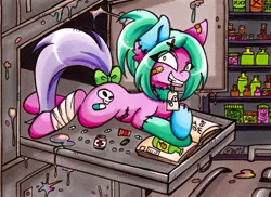 Size: 1455x1058 | Tagged: semi-grimdark, artist:imaranx, derpibooru import, oc, oc:poisonpills, goo, pony, undead, zombie, zombie pony, bandage, bandaged hoof, bandaged leg, bandaid, book, crazy eyes, crazy face, different body parts, experiment, faic, hospital, maniac, morgue, pill bottle, pills, potion, potions, reading, skull, slime, solo, stitches