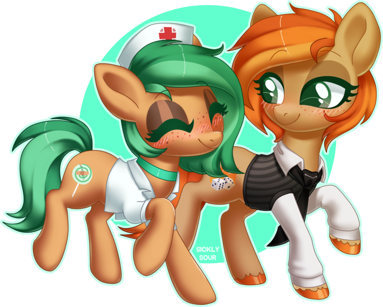 Size: 1837x1471 | Tagged: safe, artist:sickly-sour, derpibooru import, oc, oc:minty pop, oc:parlay, unofficial characters only, earth pony, pony, blushing, clothes, cute, female, freckles, happy, jewelry, lesbian, mare, necklace, necktie, nurse, nurse outfit, oc x oc, ocbetes, parpop, shipping, shirt, simple background, smiling, unshorn fetlocks, vest