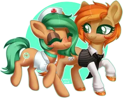 Size: 1837x1471 | Tagged: safe, artist:sickly-sour, derpibooru import, oc, oc:minty pop, oc:parlay, unofficial characters only, earth pony, pony, blushing, clothes, cute, female, freckles, happy, jewelry, lesbian, mare, necklace, necktie, nurse, nurse outfit, oc x oc, ocbetes, parpop, shipping, shirt, simple background, smiling, unshorn fetlocks, vest
