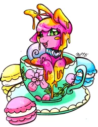 Size: 889x1147 | Tagged: safe, artist:imaranx, derpibooru import, oc, ponified, goo, goo pony, original species, pony, snail, snail pony, commission, cup, cup of pony, food, in a cup, macaron, micro, monster mare, pony in a cup, slime, solo, teacup, ych result