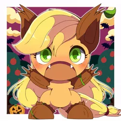 Size: 768x768 | Tagged: safe, artist:erufi, derpibooru import, applejack, earth pony, original species, pony, timber pony, timber wolf, chibi, clothes, costume, cute, cute little fangs, fangs, female, halloween, holiday, jack-o-lantern, jackabetes, mare, no nose, pumpkin, solo, species swap, timber wolfified, timberjack