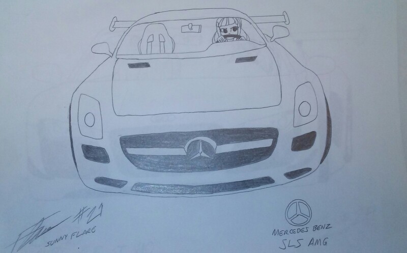 Size: 2319x1440 | Tagged: safe, artist:forzaveteranenigma, derpibooru import, sunny flare, equestria girls, friendship games, car, driving, mercedes-amg sls, mercedes-benz, mercedes-benz sls amg, solo, supercar, traditional art