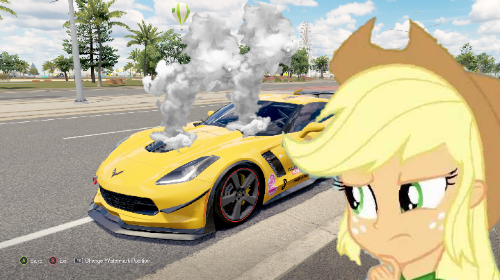 Size: 719x404 | Tagged: safe, artist:forzaveteranenigma, derpibooru import, applejack, equestria girls, broken, chevrolet, chevrolet corvette, corvette, corvette c7, disappointed, forza horizon, repair, smoke