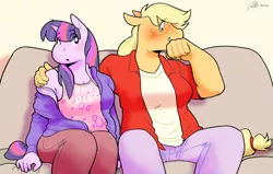 Size: 1280x812 | Tagged: safe, artist:rwl, derpibooru import, applejack, twilight sparkle, anthro, earth pony, unicorn, blushing, clothes, couch, female, floppy ears, lesbian, nervous, shipping, smiling, twijack