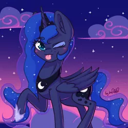 Size: 1280x1280 | Tagged: safe, artist:dsp2003, derpibooru import, princess luna, alicorn, pony, 30 minute art challenge, :p, blushing, cloud, cute, female, hnnng, looking at you, lunabetes, mare, night, one eye closed, raised hoof, signature, silluna, silly, tongue out, wink