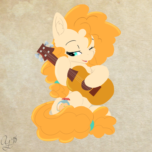 Size: 1280x1280 | Tagged: safe, artist:aurorafang, derpibooru import, pear butter, earth pony, pony, female, guitar, hoof hold, lineless, mare, musical instrument, one eye closed, simple background, solo