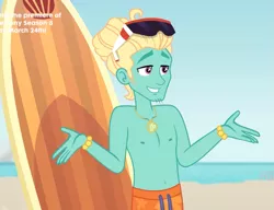 Size: 937x719 | Tagged: safe, derpibooru import, screencap, zephyr breeze, blue crushed, equestria girls, equestria girls series, beach, clothes, cropped, male, partial nudity, shorts, smiling, solo, sunglasses, surfboard, swimming trunks, topless, zephyr's necklace