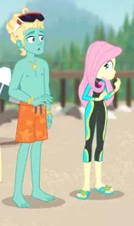 Size: 268x452 | Tagged: safe, derpibooru import, screencap, fluttershy, zephyr breeze, blue crushed, equestria girls, equestria girls series, barefoot, clothes, cropped, feet, female, geode of fauna, legs, magical geodes, male, partial nudity, sandals, sunglasses, swimming trunks, swimsuit, topless, trio, wetsuit, zephyr's necklace