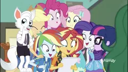 Size: 1280x720 | Tagged: safe, derpibooru import, edit, edited screencap, official, screencap, applejack, fluttershy, pinkie pie, rainbow dash, rarity, sci-twi, sunset shimmer, twilight sparkle, wallflower blush, oc, oc:dr. wolf, anthro, equestria girls, equestria girls series, forgotten friendship, discovery family logo, geode of shielding, geode of super speed, humane five, humane seven, humane six, magical geodes, male