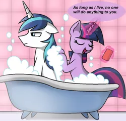 Size: 1030x984 | Tagged: safe, artist:pencil bolt, derpibooru import, shining armor, twilight sparkle, pony, unicorn, babying armor, bath, bathing, bathing together, bathroom, bathtub, brother and sister, claw foot bathtub, dialogue, female, male, mare, overprotective, shining armor is not amused, siblings, sisters gonna sister, stallion, unamused, unicorn twilight