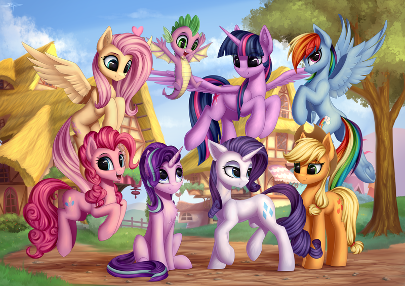 Size: 6880x4860 | Tagged: safe, artist:setharu, derpibooru import, applejack, fluttershy, pinkie pie, rainbow dash, rarity, spike, starlight glimmer, twilight sparkle, twilight sparkle (alicorn), alicorn, dragon, earth pony, pegasus, pony, unicorn, absurd resolution, butt, chest fluff, cowboy hat, cute, cutie mark, female, flying, grass, group photo, happy, hat, heart, lidded eyes, looking at each other, looking at you, looking back, looking down, looking up, male, mane eight, mane seven, mane six, mare, open mouth, plot, ponyville, pronking, raised hoof, raised leg, sitting, sky, smiling, smirk, spread wings, tree, underhoof, winged spike, wings