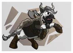 Size: 4240x3080 | Tagged: safe, artist:lupiarts, artist:snoopystallion, derpibooru import, oc, oc:snoopy stallion, attack, axe, battle axe, beard, comic sins, digitalized, facial hair, helmet, horned helmet, manly, open mouth, tongue out, viking, viking helmet, weapon, yelling