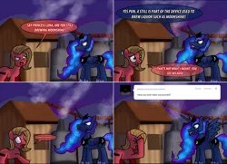 Size: 1663x1204 | Tagged: safe, artist:ladyanidraws, derpibooru import, princess luna, oc, oc:pun, earth pony, pony, ask pun, alcohol, ask, facehoof, female, mare, moonshine, pun