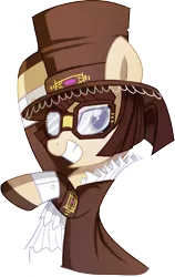 Size: 572x903 | Tagged: safe, artist:pepooni, derpibooru import, oc, oc:master engineer chet, unofficial characters only, pony, buck legacy, brown mane, female, gem, glasses, goggles, hat, jabot, jewel, jewelry, looking at you, mare, ruff (clothing), simple background, solo, steampunk, top hat, transparent background