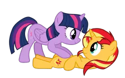 Size: 4013x2504 | Tagged: safe, artist:jellmelon, artist:xxdragonponyxx, derpibooru import, sunset shimmer, twilight sparkle, twilight sparkle (alicorn), alicorn, pony, unicorn, base used, cute, daaaaaaaaaaaw, female, lesbian, looking at each other, mare, shimmerbetes, shipping, simple background, sunsetsparkle, transparent background, twiabetes