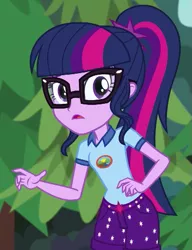 Size: 485x630 | Tagged: safe, derpibooru import, screencap, sci-twi, twilight sparkle, equestria girls, legend of everfree, camp everfree outfits, clothes, cropped, female, glasses, ponytail, shorts, solo