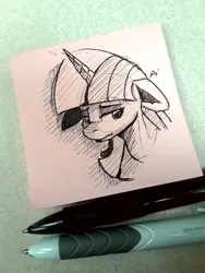 Size: 773x1030 | Tagged: safe, artist:post-it, derpibooru import, twilight sparkle, pony, bust, female, floppy ears, ink drawing, inktober, lidded eyes, looking away, mare, monochrome, pen, sad, simple background, sketch, sticky note, traditional art, white background