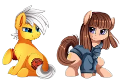 Size: 2600x1675 | Tagged: safe, artist:pridark, derpibooru import, oc, oc:rise, oc:starcross, unofficial characters only, earth pony, pony, arm warmers, clothes, commission, duo, headband, jacket, looking at each other, raised hoof, simple background, sitting, smiling, smirk, transparent background