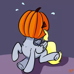 Size: 1000x1000 | Tagged: safe, artist:yakoshi, derpibooru import, derpy hooves, pegasus, pony, 30 minute art challenge, chest fluff, cute, derpabetes, derpy being derpy, female, halloween, holiday, i just don't know what went wrong, jack-o-lantern, mare, pumpkin, raised hoof, silly, silly pony, solo, underhoof