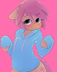 Size: 1665x2115 | Tagged: suggestive, artist:apony, derpibooru import, fluttershy, semi-anthro, blushing, butterscotch, clothes, hoodie, rule 63, smiling, solo, sweater