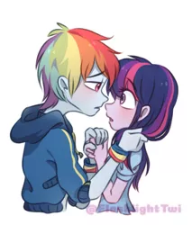 Size: 540x634 | Tagged: safe, artist:dcon, artist:flashlighttwi, derpibooru import, rainbow dash, twilight sparkle, equestria girls, alternate hairstyle, blushing, collaboration, female, lesbian, shipping, short hair, short hair rainbow dash, twidash