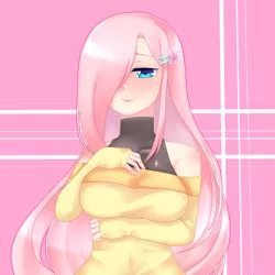 Size: 2000x2000 | Tagged: safe, artist:nutthefox, derpibooru import, fluttershy, bat pony, human, anime, blushing, breasts, busty fluttershy, clothes, female, flutterbat, hair over one eye, humanized, race swap, solo, sweater, sweatershy