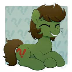 Size: 2024x2042 | Tagged: safe, artist:moozua, derpibooru import, oc, oc:green ganache, unofficial characters only, earth pony, pony, chest fluff, commission, cute, exclamation point, eyes closed, interrobang, interrobang (glyph), lying down, male, question mark, smiling, solo, stallion, whiskers