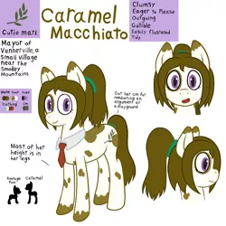 Size: 1000x1000 | Tagged: safe, artist:scraggleman, derpibooru import, oc, oc:caramel macchiato, unofficial characters only, earth pony, pony, female, mare, necktie, pinto, ponytail, reference sheet, solo