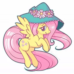 Size: 1080x1080 | Tagged: safe, artist:anzicorn, derpibooru import, fluttershy, pegasus, pony, cute, cutie mark, female, flower, flying, hat, mare, shyabetes, simple background, smiling, solo, transparent background