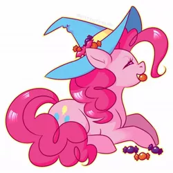 Size: 1080x1080 | Tagged: safe, artist:anzicorn, derpibooru import, pinkie pie, earth pony, pony, candy, eating, eyes closed, female, food, hat, mare, prone, simple background, solo, transparent background, witch hat