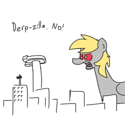 Size: 1280x1280 | Tagged: safe, artist:pencilbrony, derpibooru import, derpy hooves, pony, city, dialogue, giant derpy hooves, giant pony, macro