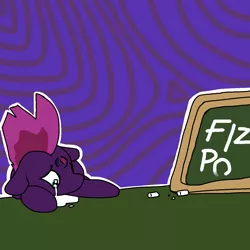 Size: 1280x1280 | Tagged: safe, artist:pencilbrony, derpibooru import, fizzlepop berrytwist, tempest shadow, pony, unicorn, abstract background, broken, broken horn, chalkboard, crying, female, floppy ears, horn, looking down, mare, ptsd, sad, solo, table, wide eyes, writing