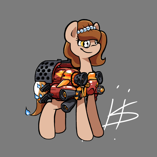 Size: 1280x1280 | Tagged: safe, artist:pencilbrony, derpibooru import, oc, oc:brownie bun, unofficial characters only, earth pony, pony, horse wife, armor, engine, female, fire, firebat, flame decal, gray background, mare, rocket, signature, simple background, smiling, solo, some mares just want to watch the world burn, starcraft, terran, this will end in fire